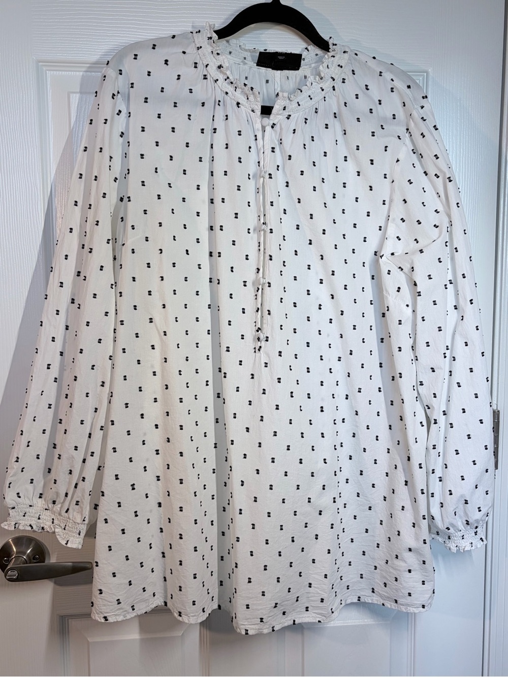 Lane Bryant White Long-Sleeve Peasant Blouse with Navy Embroidery